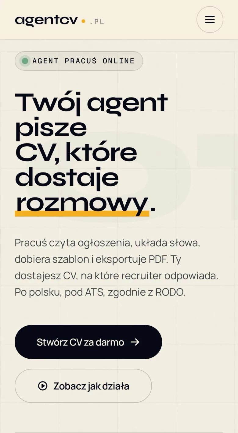 Zrzut ekranu strony agentcv.pl na telefonie